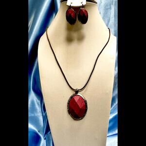 NWT Macy's Brown/Beige Cord Pink/Rose Stone Pendant Necklace w/ Earrings